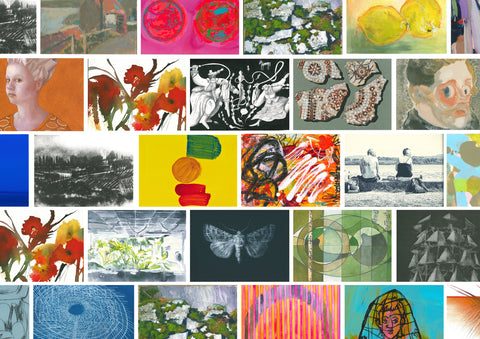 A montage of postcards from this years Secret Postcard Auction