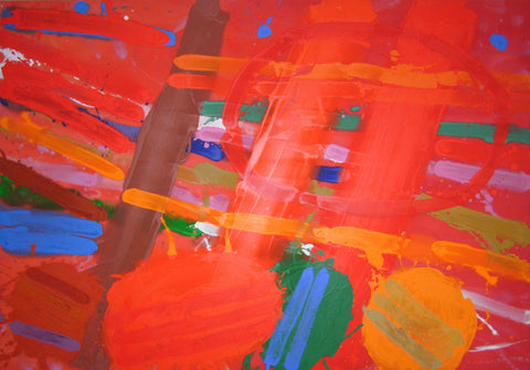 A bold red abstract painting named Almada by artist Albert Irvin