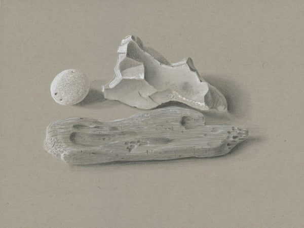 Driftwood, pebble and flint