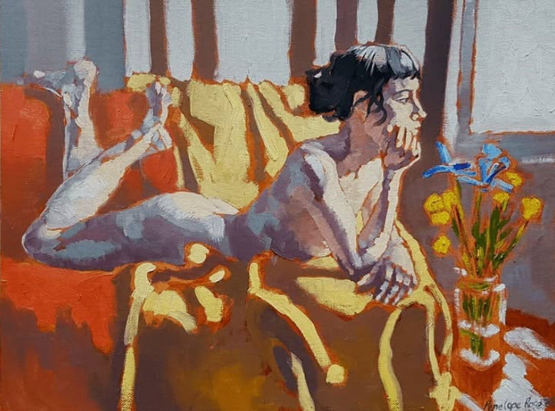 Artistic depiction of a person sitting on a couch with a vase of flowers in the foreground.