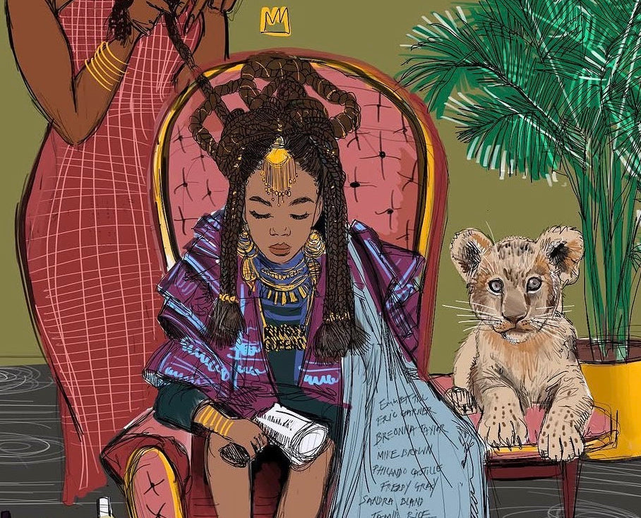 Illustration of a woman and child with a lion cub in a room with plants and various items on the floor.