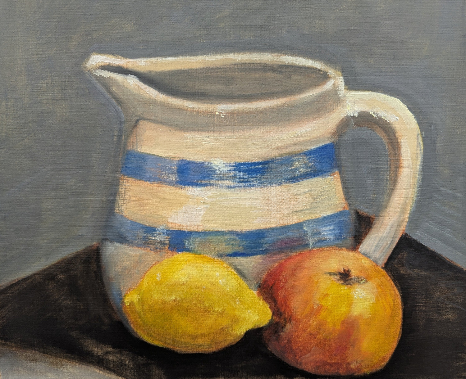 Painting of a striped pitcher with lemons and an apple on a dark surface