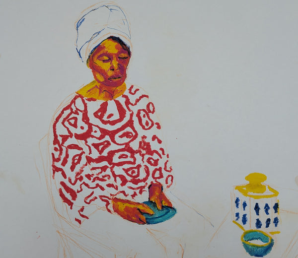 Colorful illustration of a person with a patterned garment and a small object on a white background