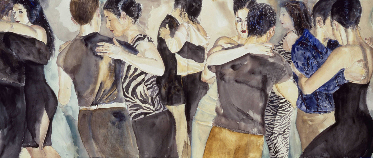 Painting of people dancing in a crowded room