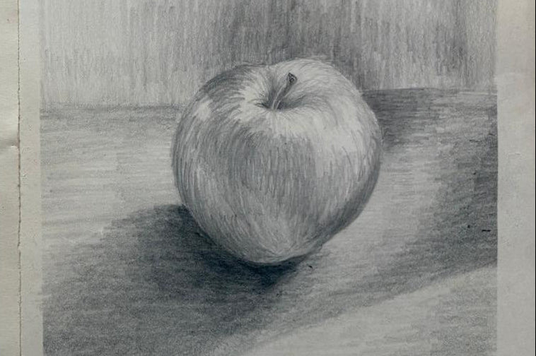 Pencil drawing of an apple on a wooden surface