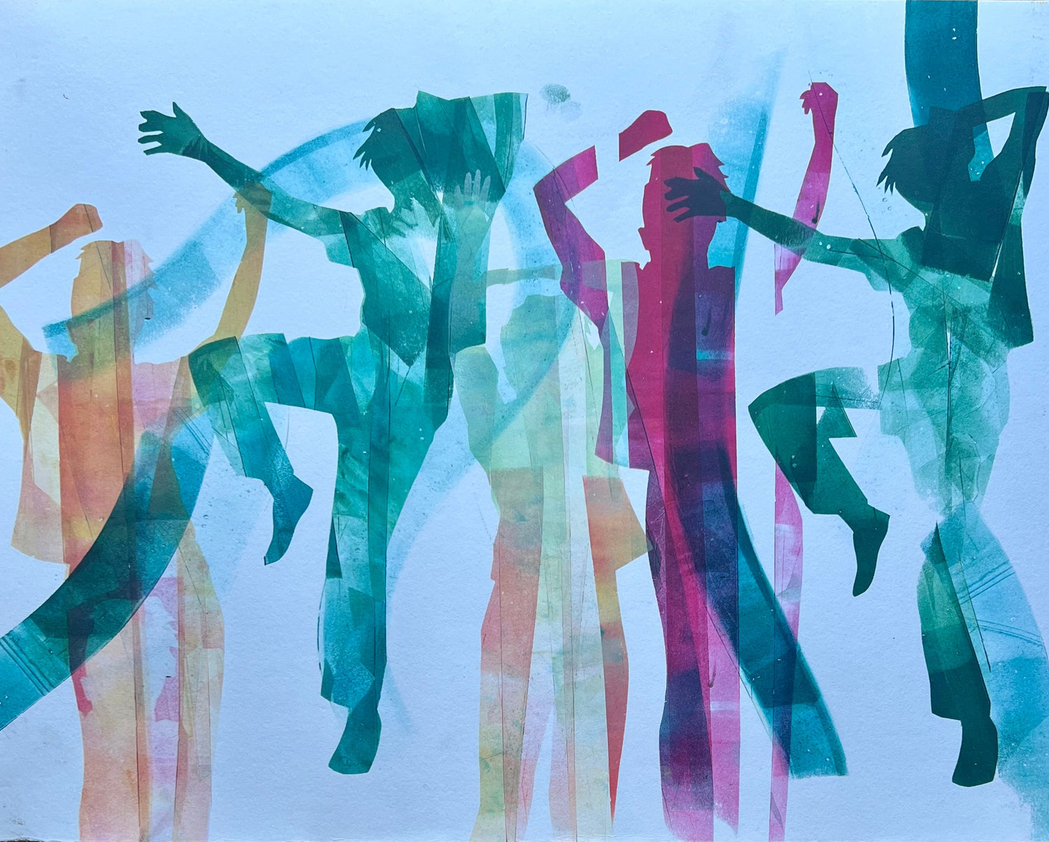 Abstract artwork of colorful figures on a white background