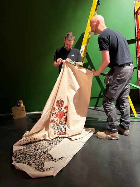 One Thousand and One Nights: 3 painted panels with pediments, and pair of fabric, printed curtains