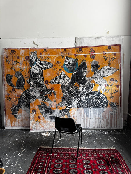 One Thousand and One Nights: 3 painted panels with pediments, and pair of fabric, printed curtains