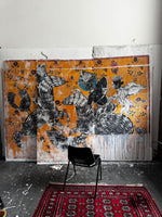 One Thousand and One Nights: 3 painted panels with pediments, and pair of fabric, printed curtains