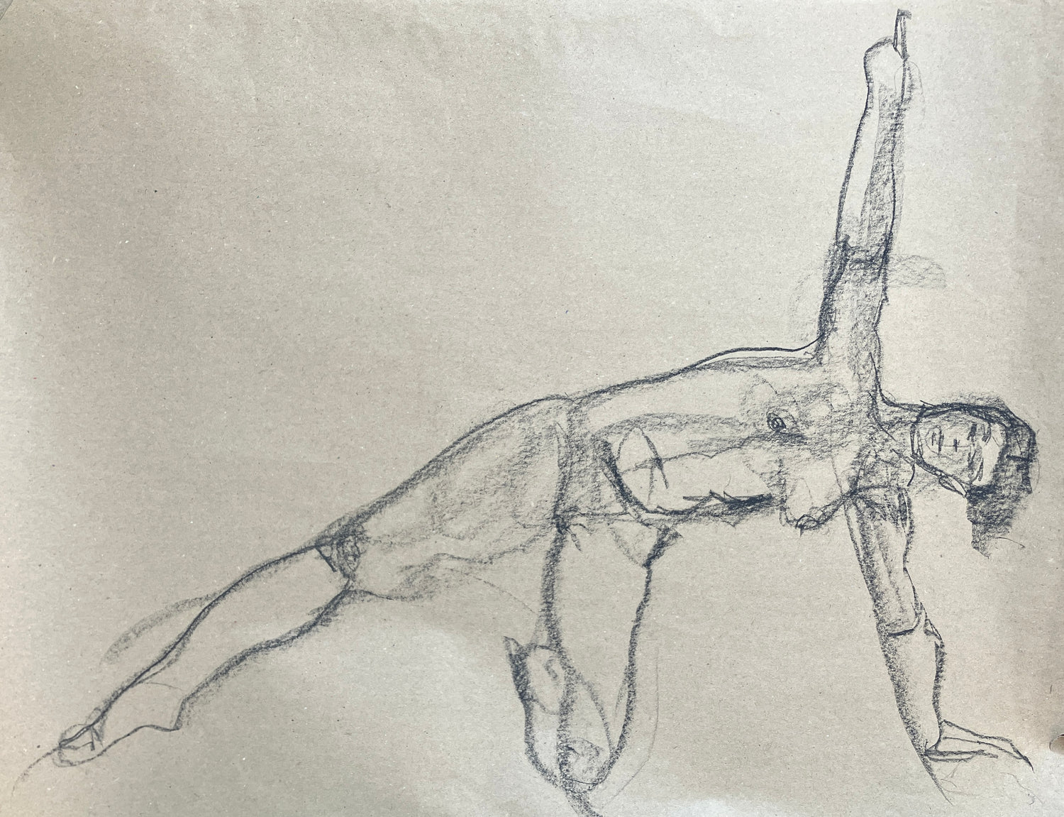 Pencil drawing of a nude figure in a dynamic pose on textured beige paper.