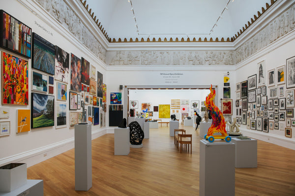 
      A gallery space at the RWA Bristol, walls and plinths display many artworks in the Annual Open Exhibition